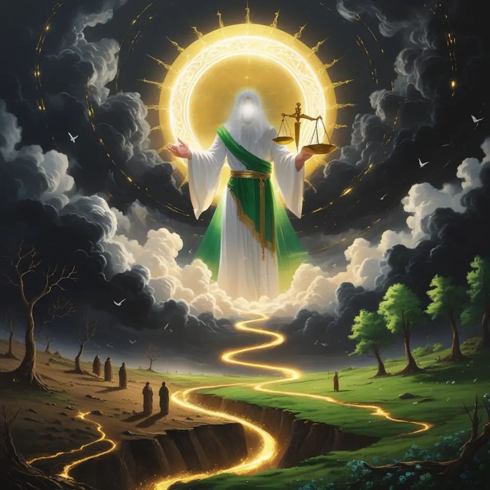 تصویر نمادین از ظهور امام مهدی (علیه السلام) به عنوان منجی جهان، با نماد عدالت و نور، آینده روشن