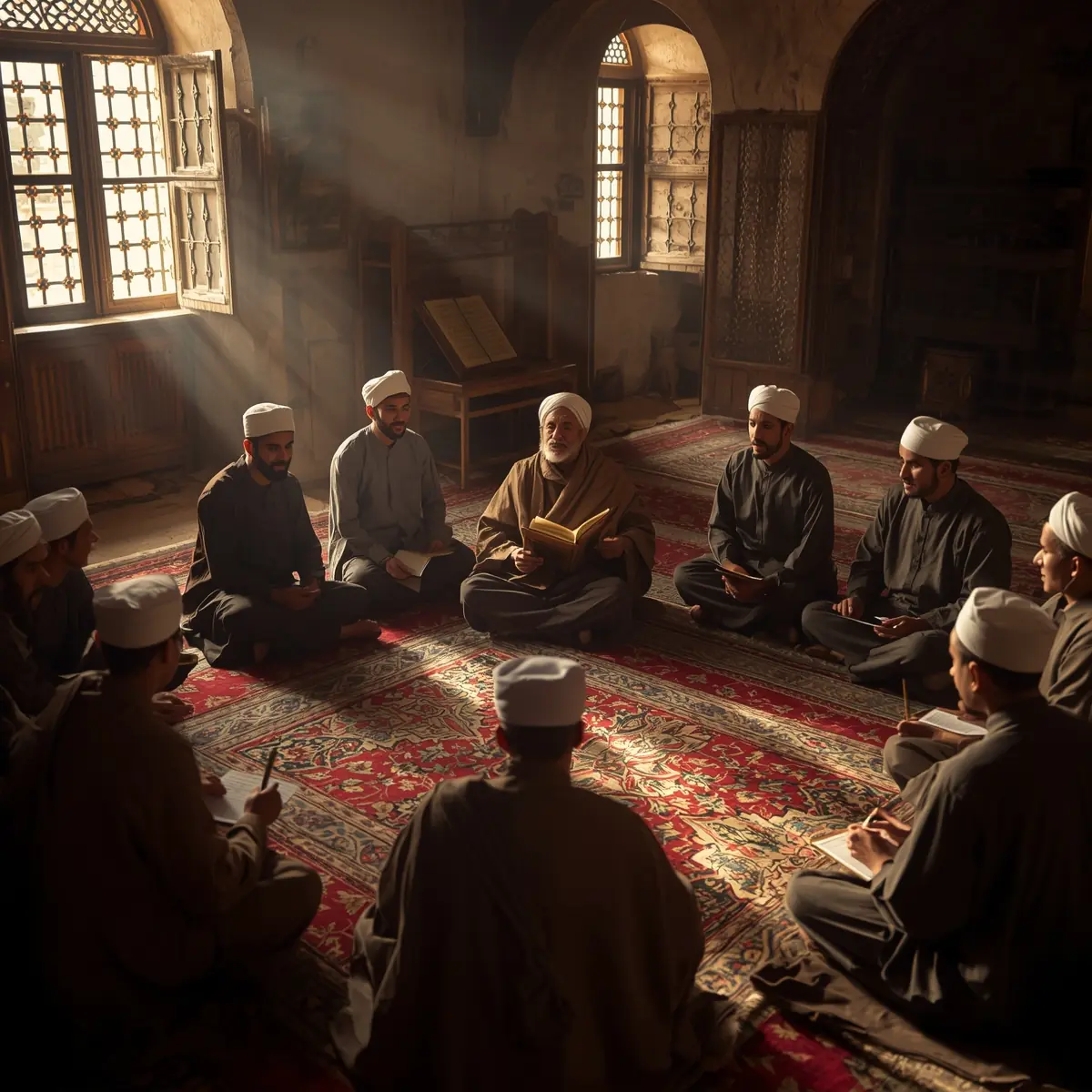حلقه علمی سنتی اسلامی در مدرسه، عالم شیعه در حال تدریس تفسیر قرآن به بیش از هشت طلبه جوان با عمامه و لباس ساده، نشسته بر روی فرش‌های ایرانی در نور گرم خورشید 