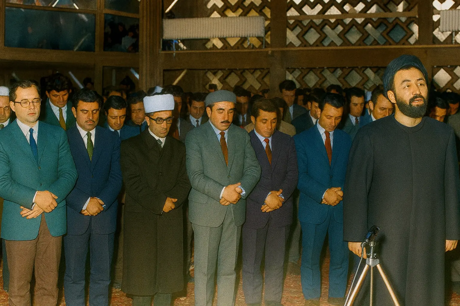 شهید بهشتی در حال اقامه نماز جماعت در مرکز اسلامی هامبورگ آلمان 