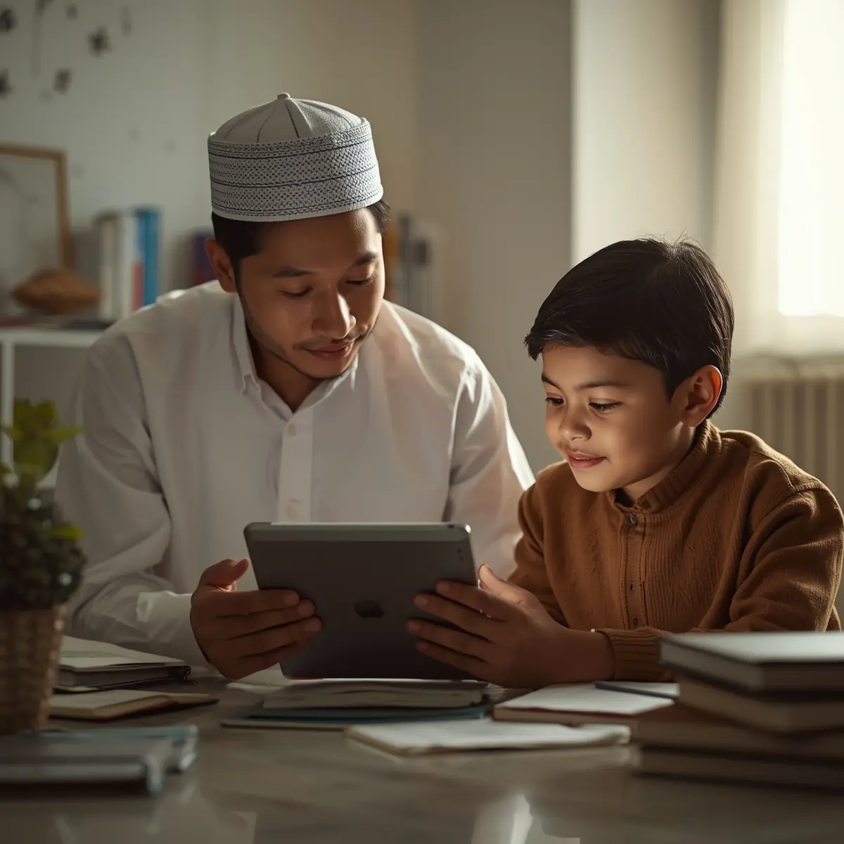 خانواده‌ای در حال استفاده هدفمند از تبلت با همراهی والد