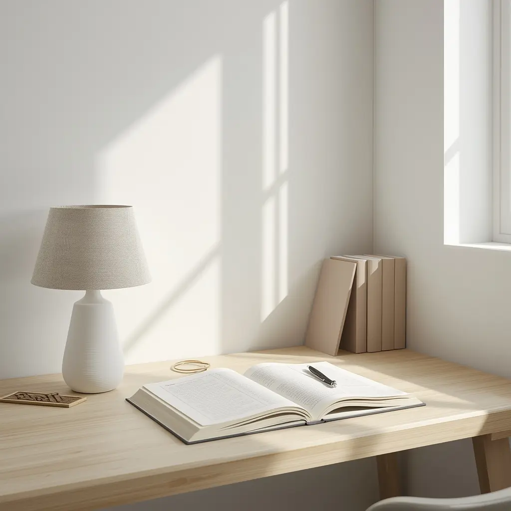 «ساده‌زیستی در اتاق مطالعه؛ میز مینیمال با نور صبح و دو کتاب باز برای تمرکز»ساده‌زیستی، میز مطالعه مینیمال، نور صبح، تمرکز، کتاب باز، نظم