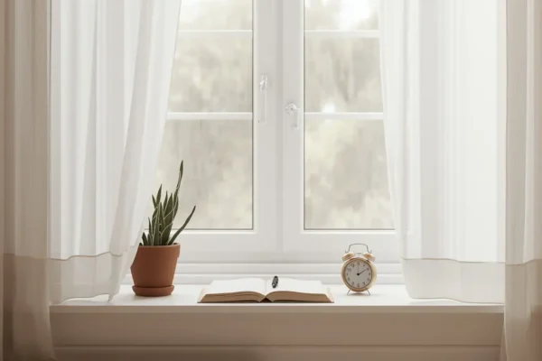 «ساده‌زیستی در برنامه‌ریزی؛ پنجرهٔ روشن با گلدان و دفترچهٔ هفتگی برای عادت‌سازی» ساده‌زیستی، برنامه‌ریزی هفتگی، عادت‌سازی، نور صبح، مینیمال، گلدان