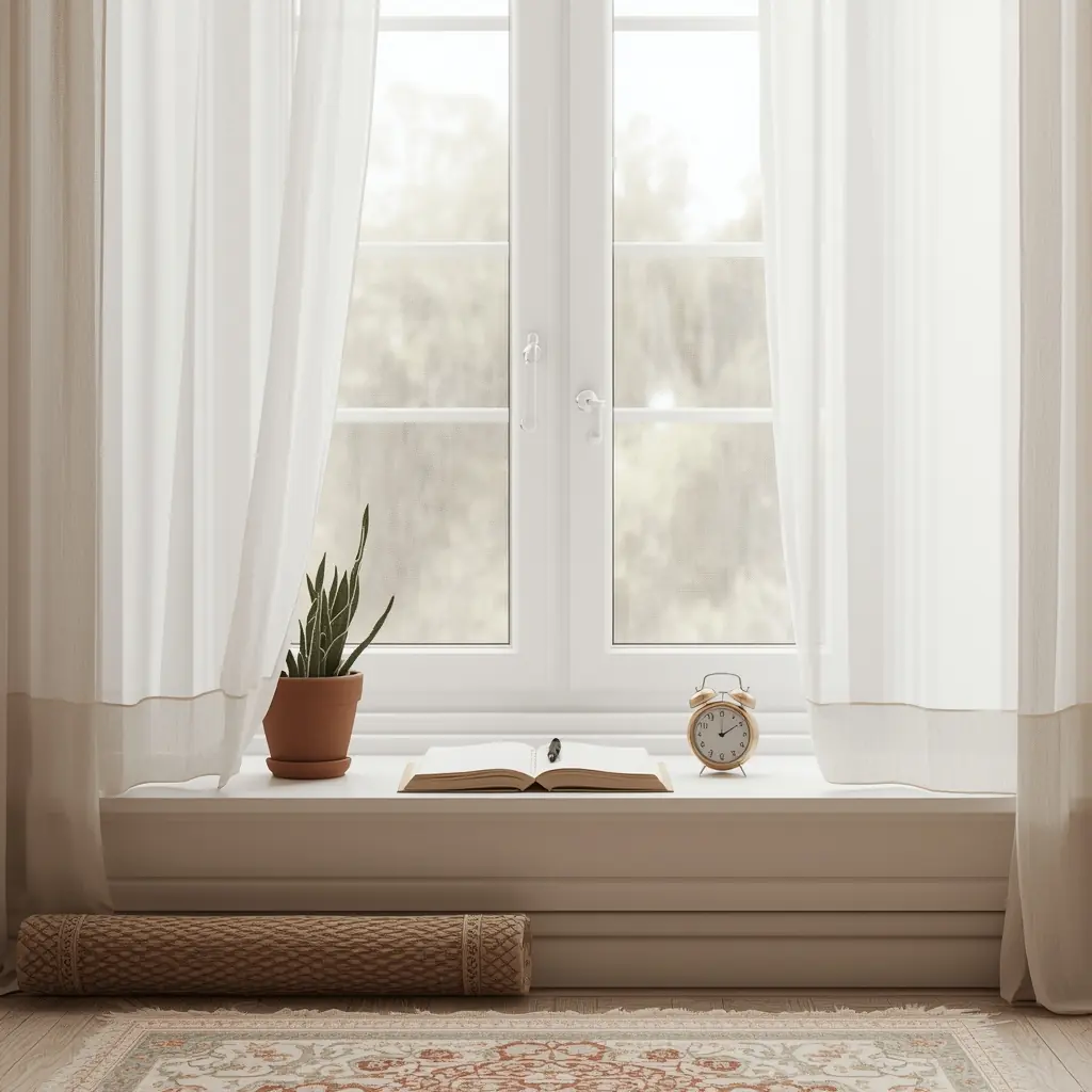 «ساده‌زیستی در برنامه‌ریزی؛ پنجرهٔ روشن با گلدان و دفترچهٔ هفتگی برای عادت‌سازی» ساده‌زیستی، برنامه‌ریزی هفتگی، عادت‌سازی، نور صبح، مینیمال، گلدان