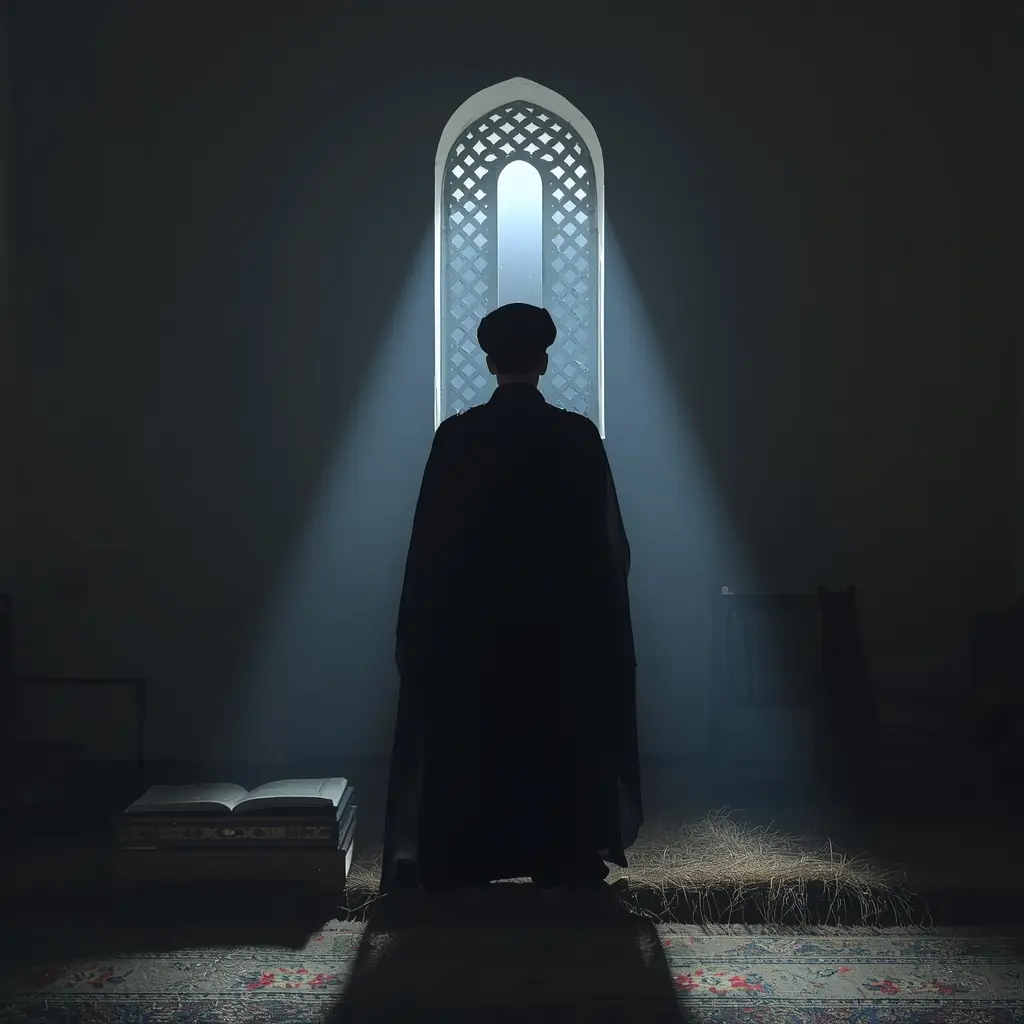 نماز شب, علامه طباطبایی, نجف, حجره قدیمی, عمامه مشکی, رحل و قرآن, عبادت شبانه, سلوک, تهذیب نفس, نور ماه