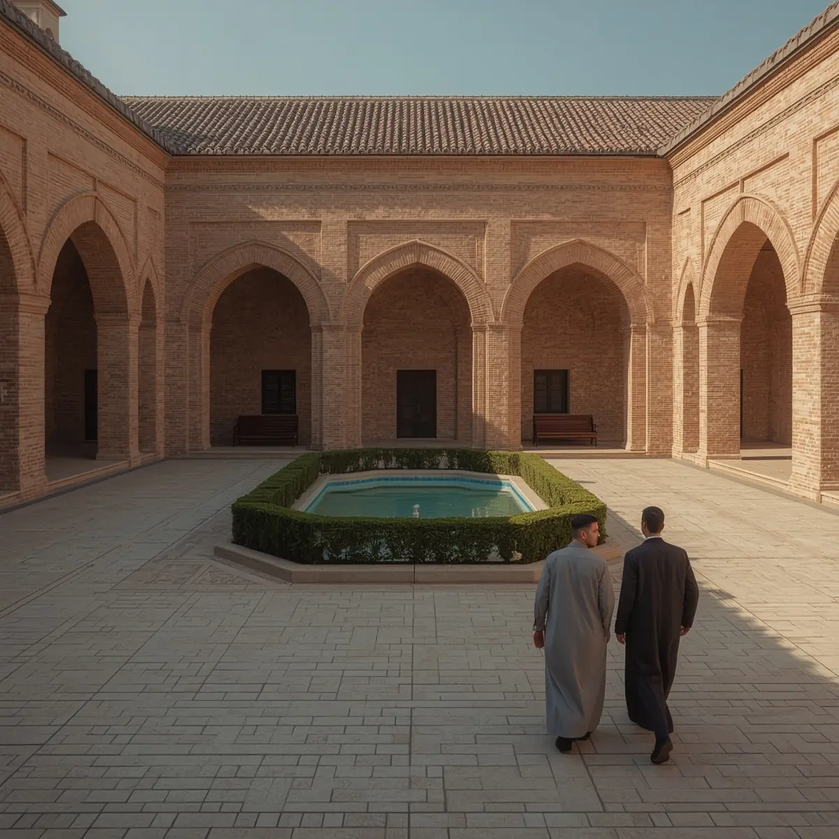 راهروی آجریِ مدرسهٔ قدیمی؛ شاگردان علامه طباطبایی در حال گفت‌وگوی آرام کنار حوض فیروزه‌ای، تداوم سنت و یادگیری