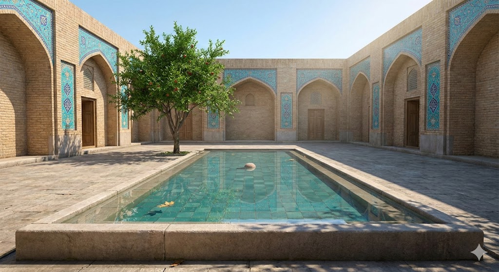 حیاط مسجد با نور آرام، نماد آرامش عشق واقعی بر پایه ایمان