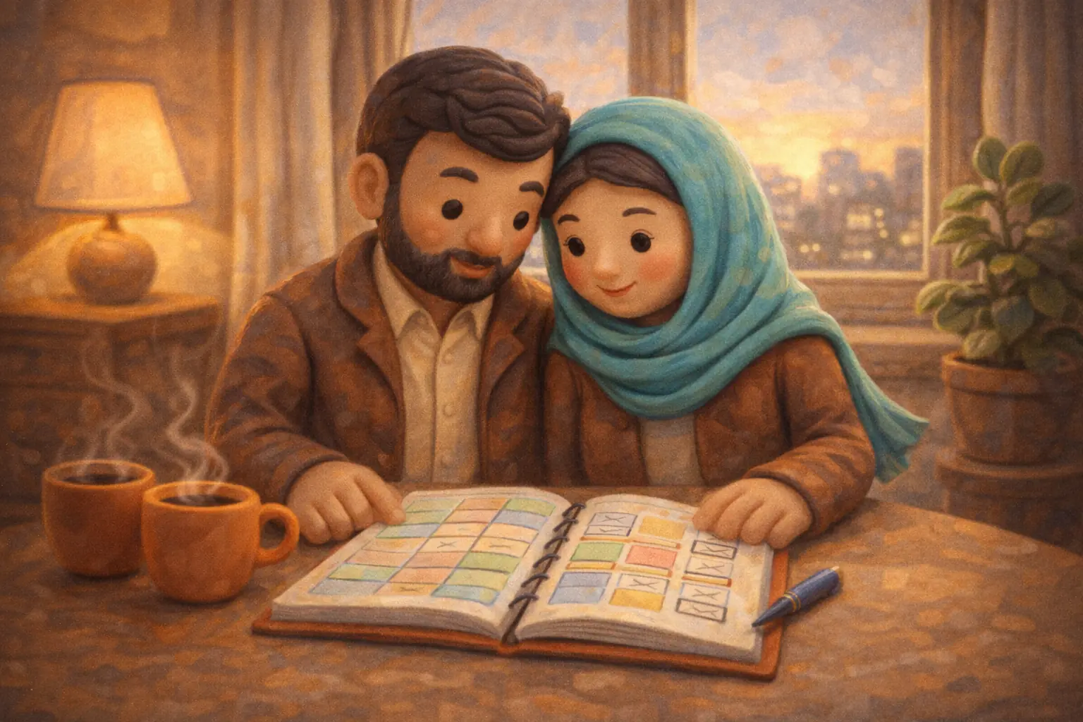 استرس زناشویی و توقعات ازدواجIranian couple by window planning notebook, marital stress expectations