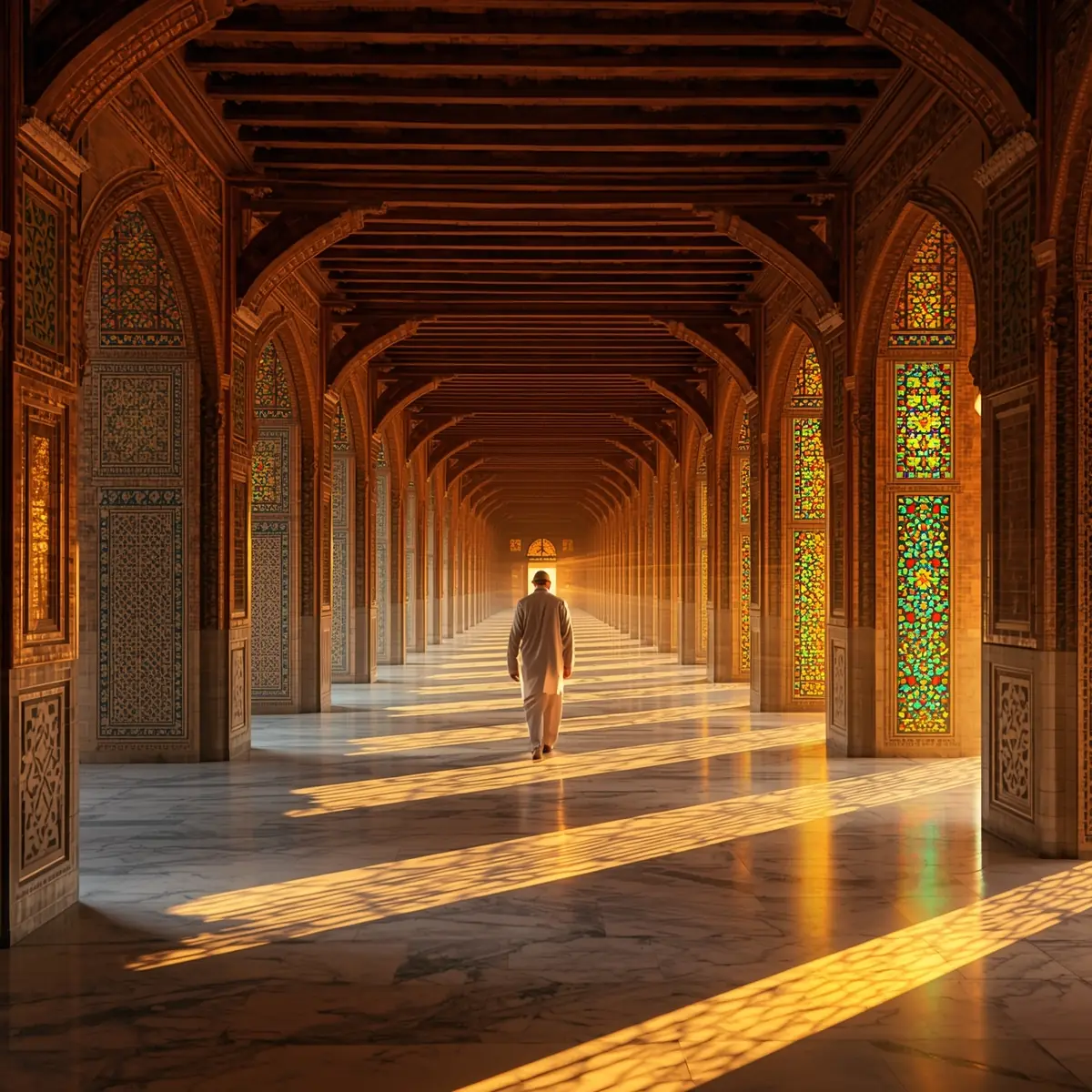 مردی در حال قدم‌زدن در رواق مسجدی ایرانی با نور طلایی که مسیرش را روشن کرده است. کلیدواژه: سیر معنوی، عشق الهی، حرکت، نور.